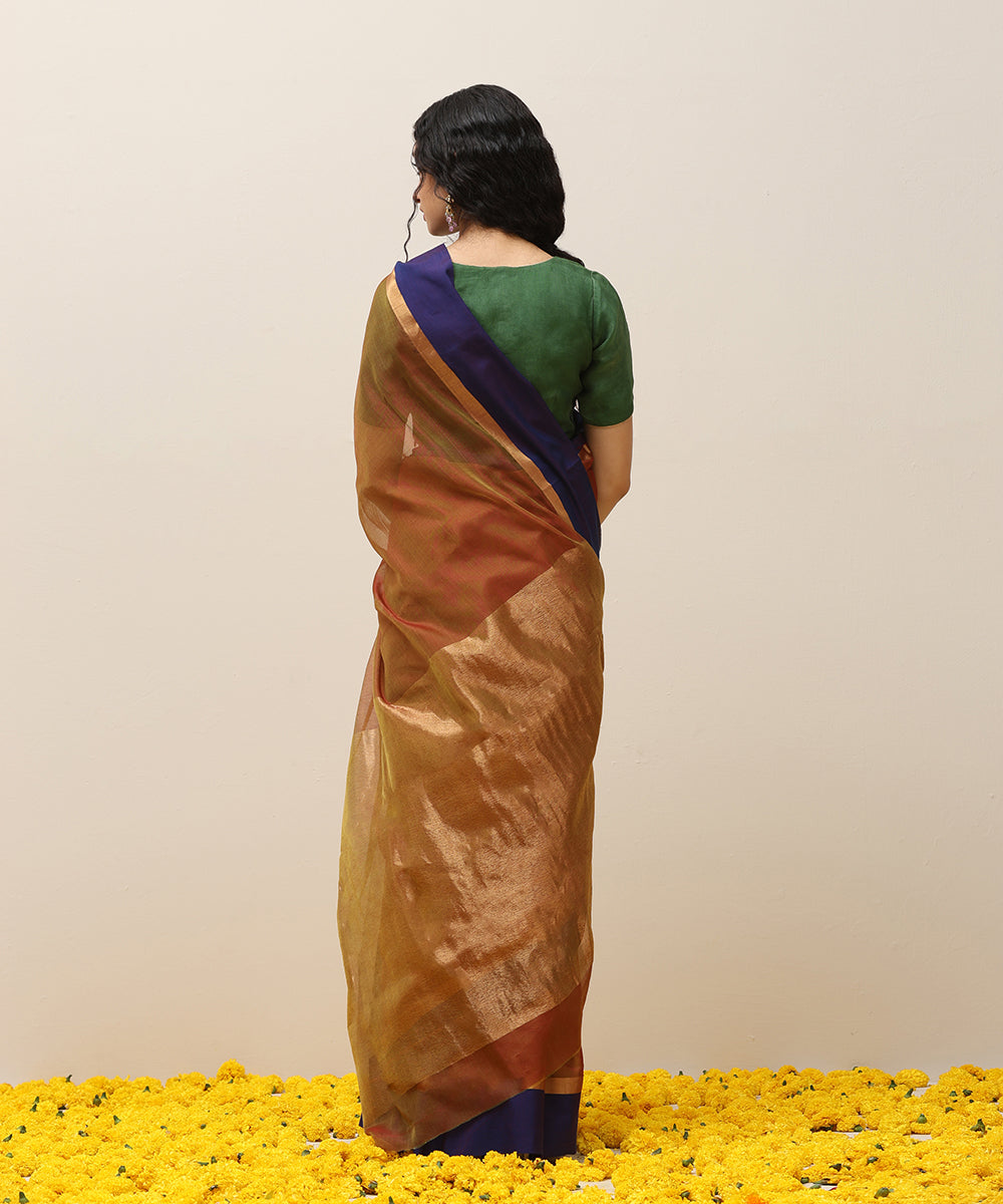 Brown_Handloom_Plain_Pure_Cotton_Chanderi_Saree_With_Blue_Border_WeaverStory_03