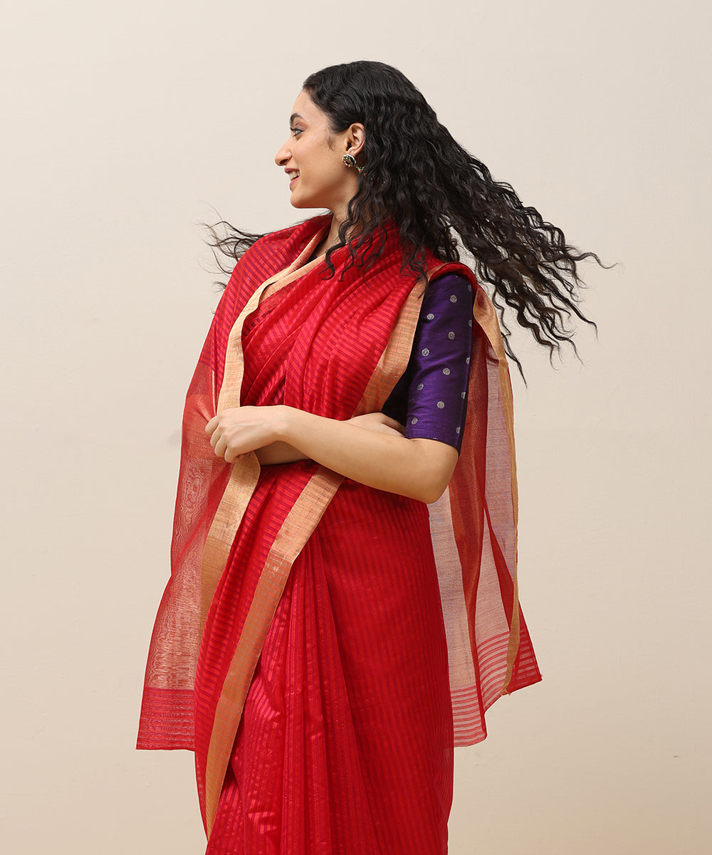 Red_Handloom_Pure_Cotton_Silk_Chanderi_Saree_With_Stripes_And_Golden_Border_WeaverStory_01