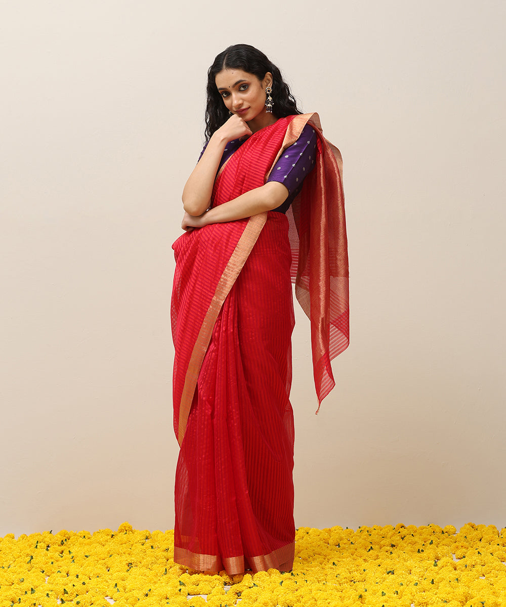 Red_Handloom_Pure_Cotton_Silk_Chanderi_Saree_With_Stripes_And_Golden_Border_WeaverStory_02