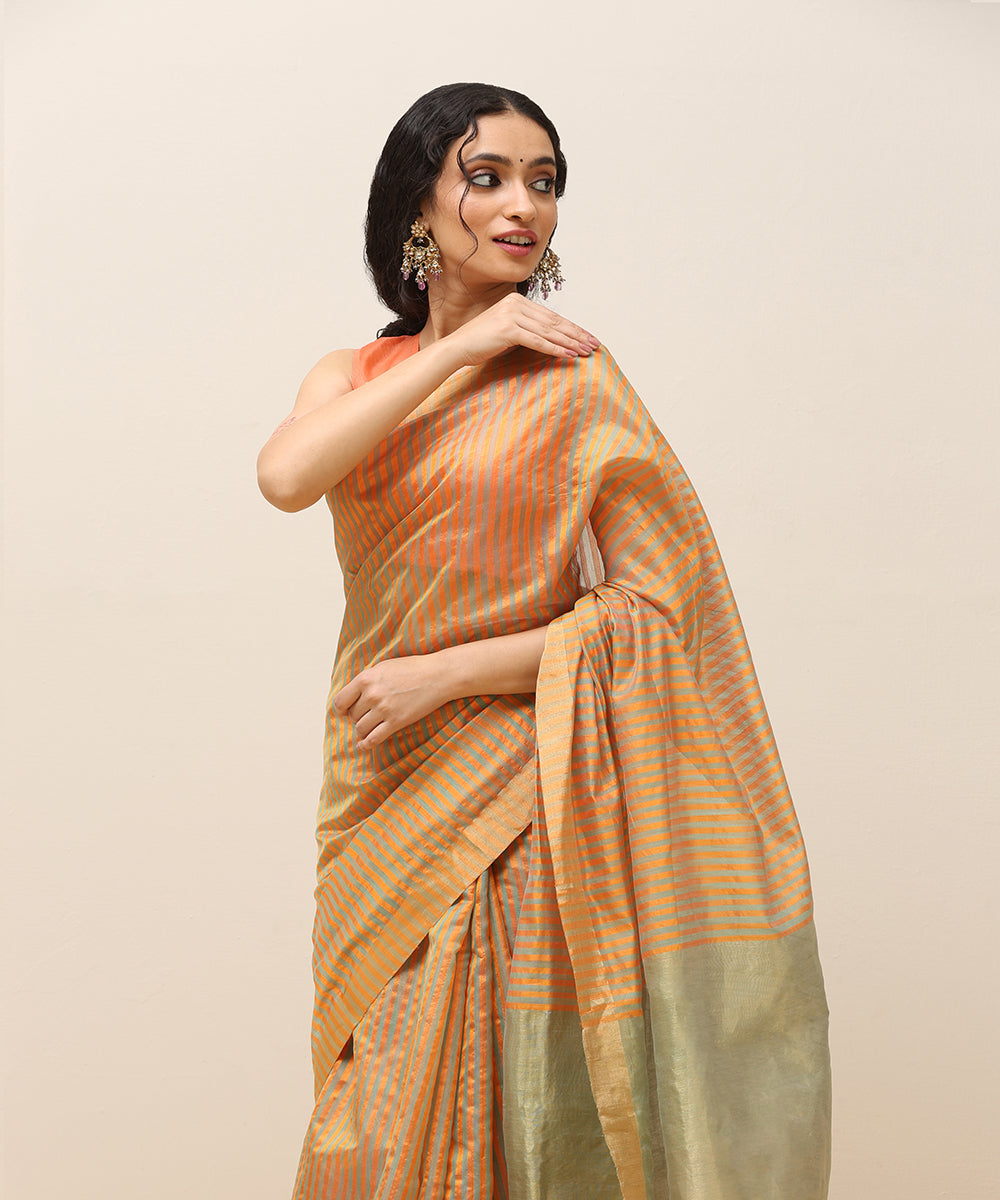 Orange_And_Green_Handloom_Stripe_Pure_Cotton_Silk_Chanderi_Saree_With_Golden_Border_WeaverStory_01