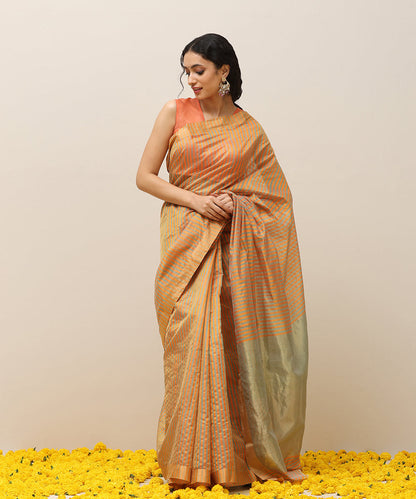 Orange_And_Green_Handloom_Stripe_Pure_Cotton_Silk_Chanderi_Saree_With_Golden_Border_WeaverStory_02