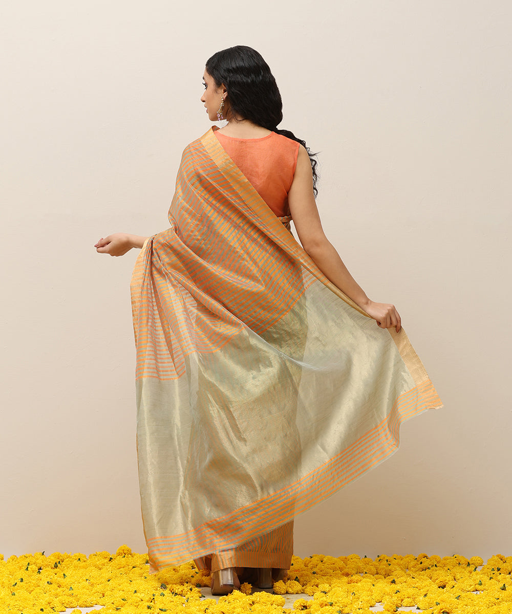 Orange_And_Green_Handloom_Stripe_Pure_Cotton_Silk_Chanderi_Saree_With_Golden_Border_WeaverStory_03