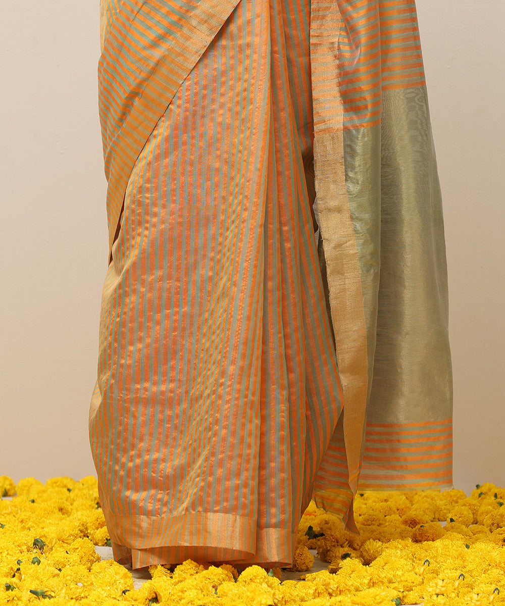 Orange_And_Green_Handloom_Stripe_Pure_Cotton_Silk_Chanderi_Saree_With_Golden_Border_WeaverStory_04