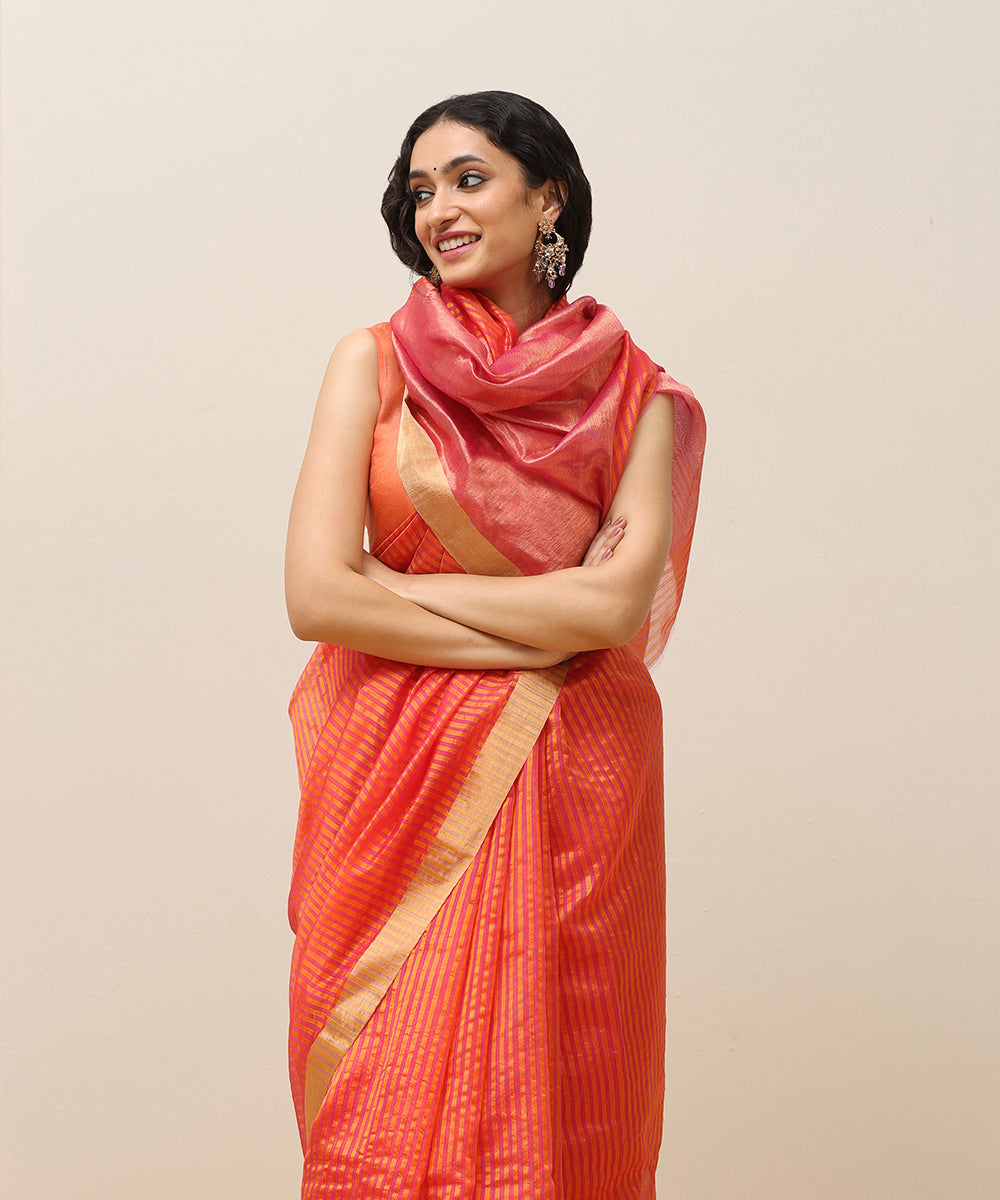 Handloom_Orange_And_Pink_Stripe_Pure_Cotton_Silk_Chanderi_Saree_With_Golden_Border_WeaverStory_01