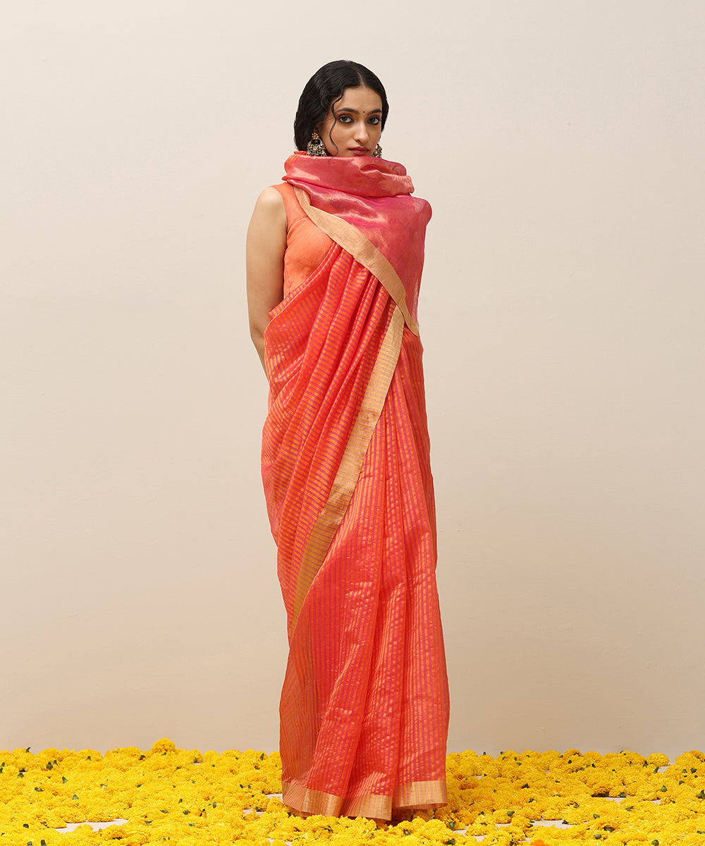 Handloom_Orange_And_Pink_Stripe_Pure_Cotton_Silk_Chanderi_Saree_With_Golden_Border_WeaverStory_02