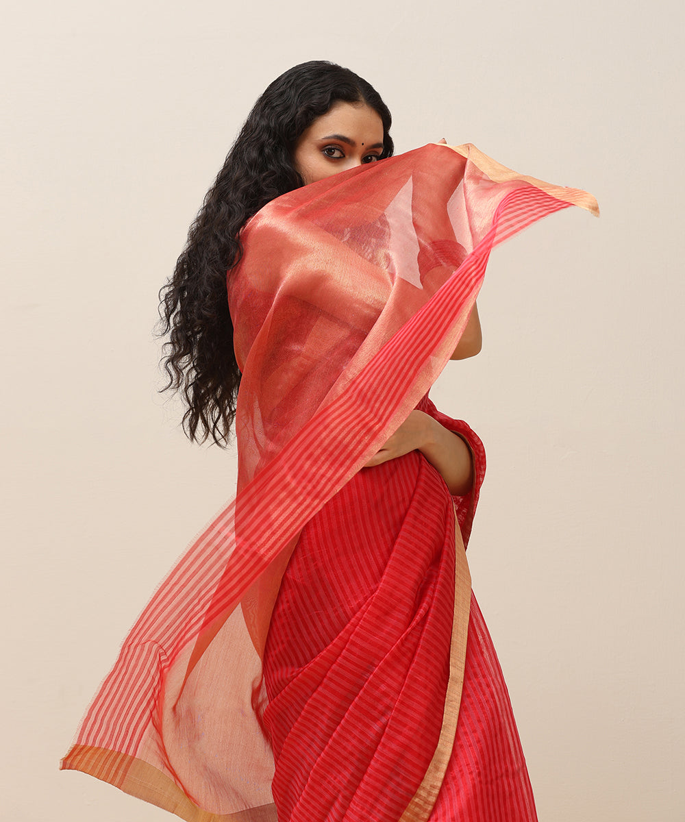 Handloom_Red_Pure_Cotton_Silk_Chanderi_Saree_With_Stripes_And_Golden_Border_WeaverStory_01