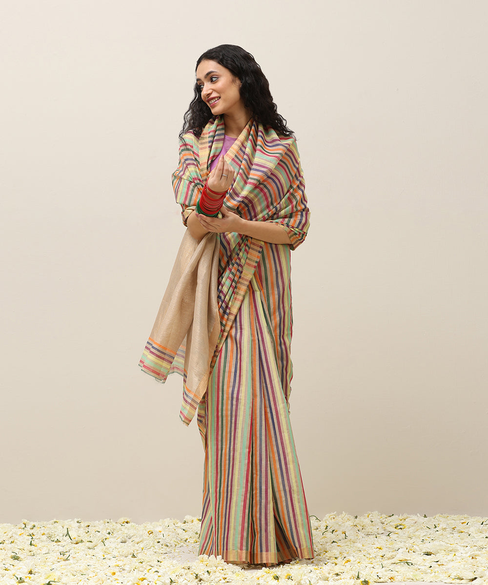 Beige_Handloom_Multi_Colour_Stripe_Pure_Cotton_Chanderi_Saree_WeaverStory_02