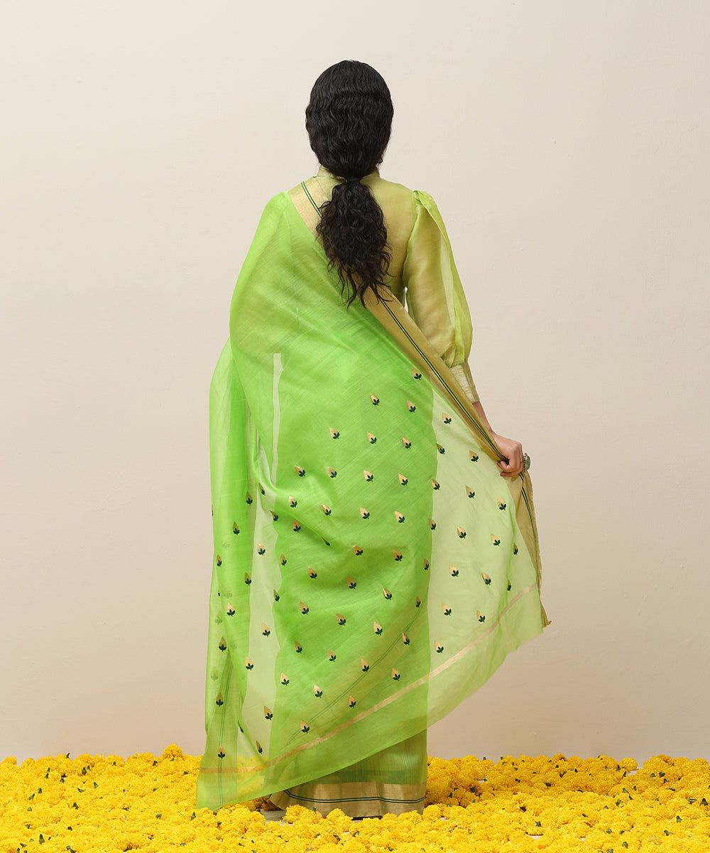 Handloom_Green_Plain_Pure_Cotton_Chanderi_Saree_With_Strawberry_Boota_And_Golden_Border_WeaverStory_03