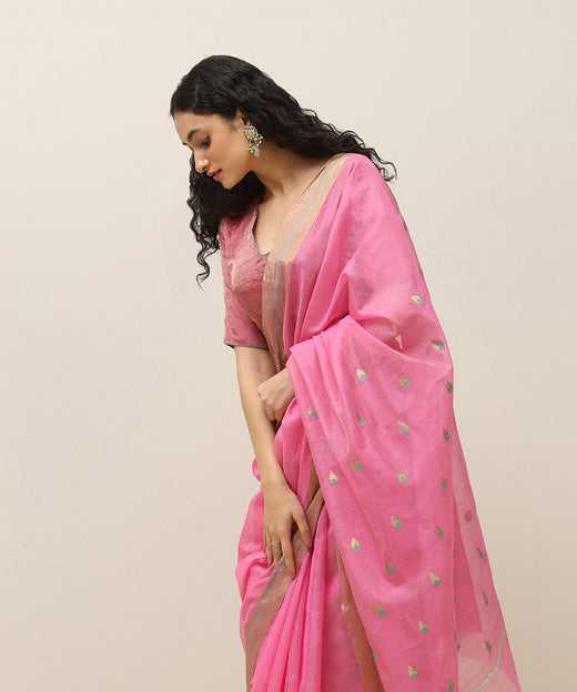 Baby Pink Handloom Plain Pure Cotton Chanderi Saree With Strawberry Boota And Golden Border