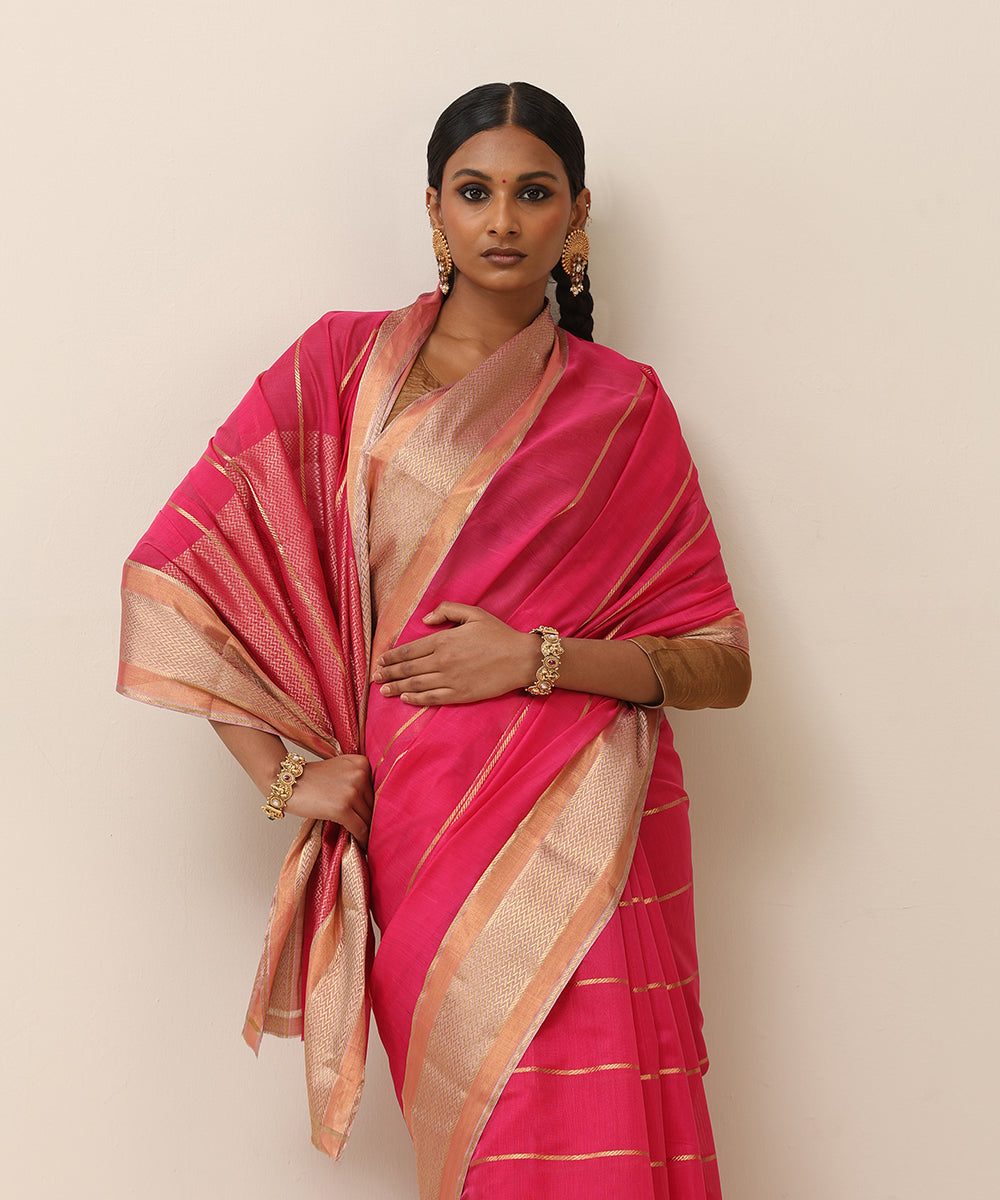 Pink_Handloom_Pure_Cotton_Chanderi_Saree_With_Golden_Stripe_And_Chevron_Border_WeaverStory_01