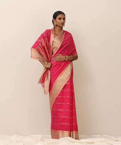 Pink_Handloom_Pure_Cotton_Chanderi_Saree_With_Golden_Stripe_And_Chevron_Border_WeaverStory_02