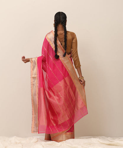 Pink_Handloom_Pure_Cotton_Chanderi_Saree_With_Golden_Stripe_And_Chevron_Border_WeaverStory_03