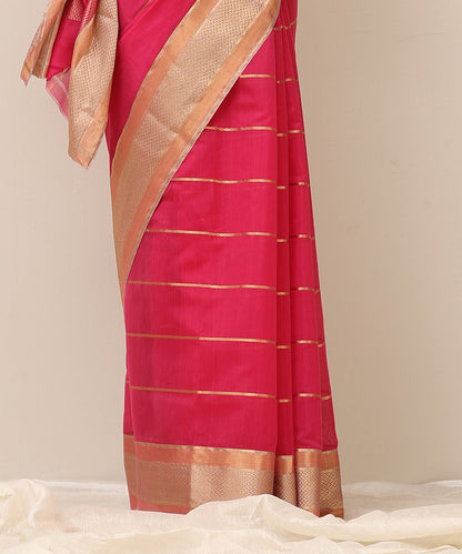 Pink_Handloom_Pure_Cotton_Chanderi_Saree_With_Golden_Stripe_And_Chevron_Border_WeaverStory_04