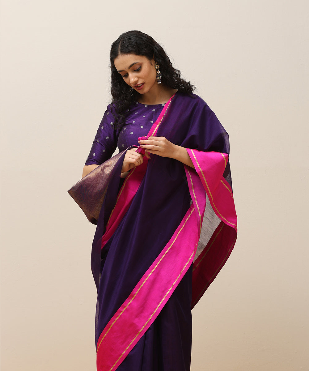 Handloom_Purple_Plain_Pure_Cotton_Chanderi_Saree_With_Pink_Mashroo_Border_WeaverStory_01