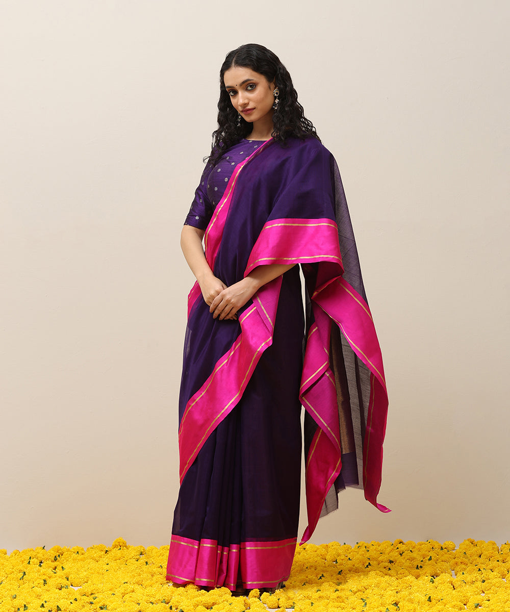 Handloom_Purple_Plain_Pure_Cotton_Chanderi_Saree_With_Pink_Mashroo_Border_WeaverStory_02