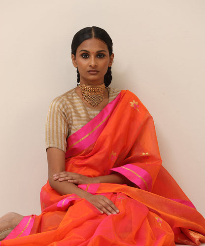 Handloom_Orange_Pure_Cotton_Chanderi_Saree_With_Floral_Boota_And_Pink_Border_WeaverStory_01