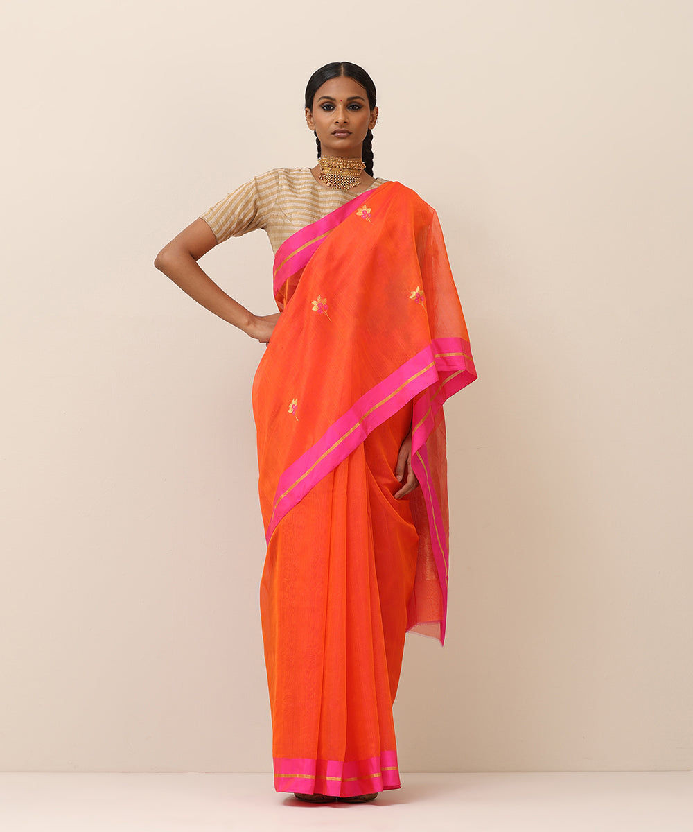 Handloom_Orange_Pure_Cotton_Chanderi_Saree_With_Floral_Boota_And_Pink_Border_WeaverStory_02