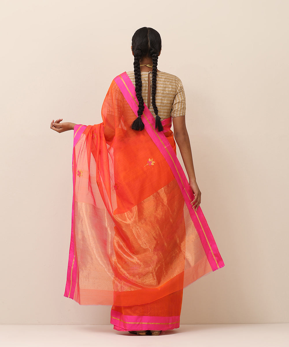 Handloom_Orange_Pure_Cotton_Chanderi_Saree_With_Floral_Boota_And_Pink_Border_WeaverStory_03