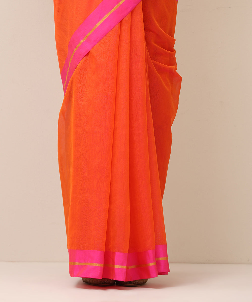 Handloom_Orange_Pure_Cotton_Chanderi_Saree_With_Floral_Boota_And_Pink_Border_WeaverStory_04