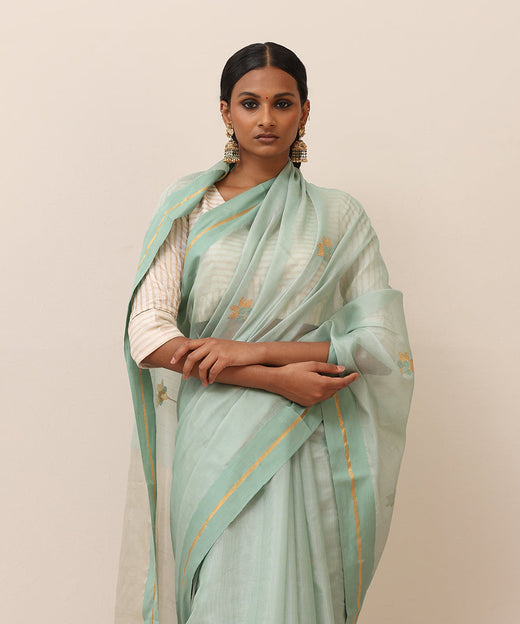 Aqua Blue Handloom Pure Cotton Chanderi Saree With Floral Boota And Border