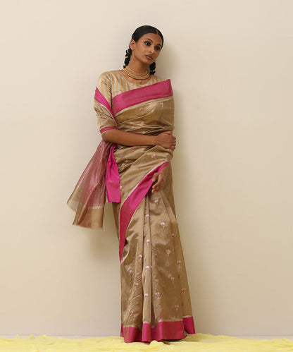 Light_Brown_Handloom_Pure_Silk_Chanderi_Saree_With_Eknaliya_Meena_Boota_And_Pink_Border_WeaverStory_02