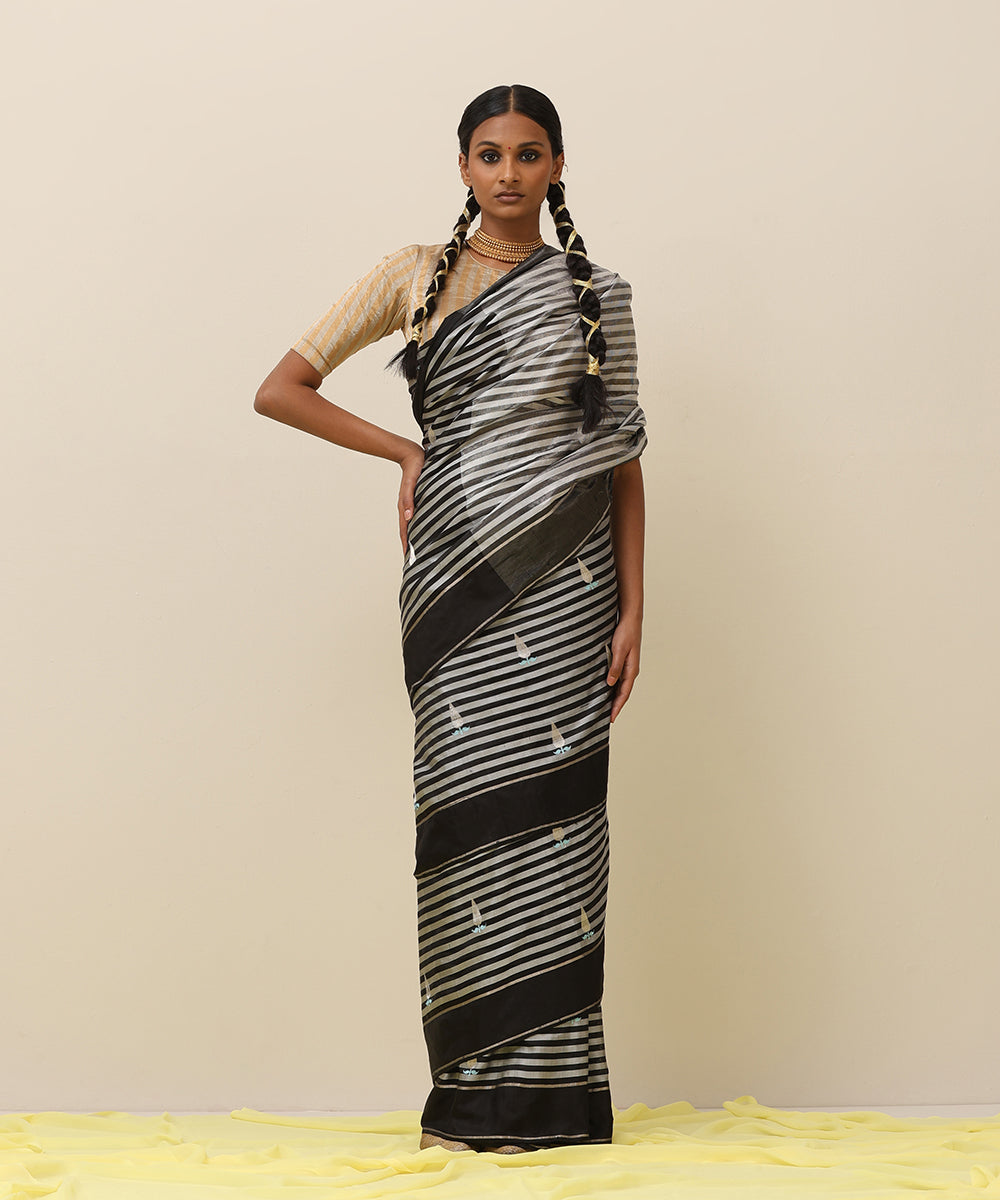 Grey_And_Black_Handloom_Stripes_Pure_Silk_Chanderi_Saree_With_And_Eknaliya_Silver_Boota_And_Blue_Leaf_WeaverStory_02