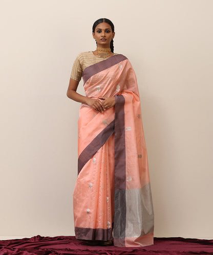 Handloom_Peach_Pure_Silk_Chanderi_Saree_With_Silver_Boota_WeaverStory_02