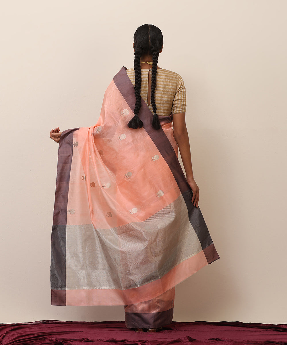 Handloom_Peach_Pure_Silk_Chanderi_Saree_With_Silver_Boota_WeaverStory_03