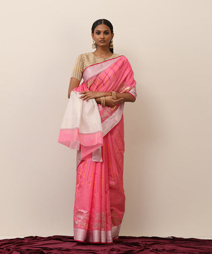 Handloom_Cream_Pure_Silk_Chanderi_Saree_With_Nandi_Motif_And_Silver_Border_Pink_Salvage_WeaverStory_02