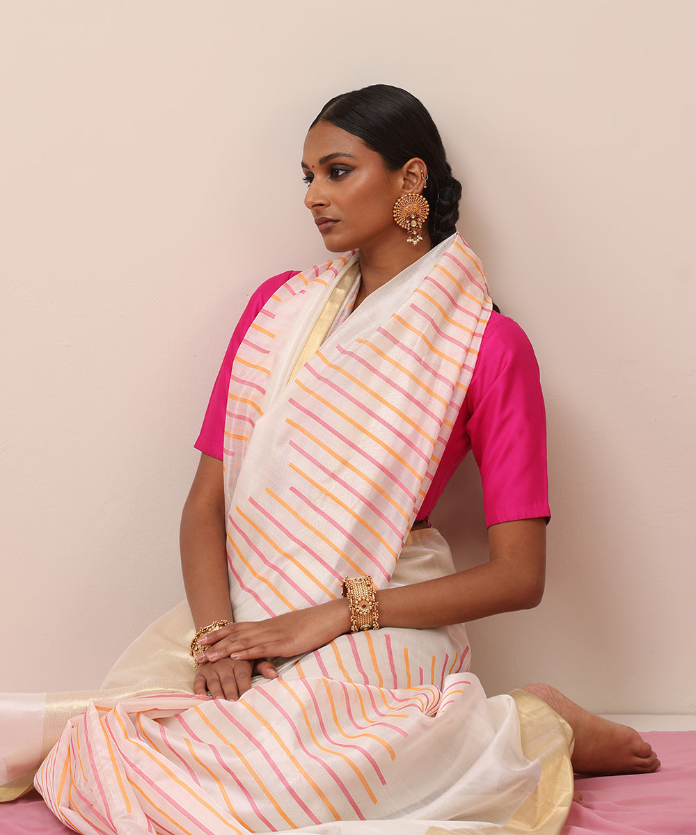 Handllom_White_Pure_Chanderi_Saree_With_Vertical_Meena_Pattern_And_Golden_Border_WeaverStory_01