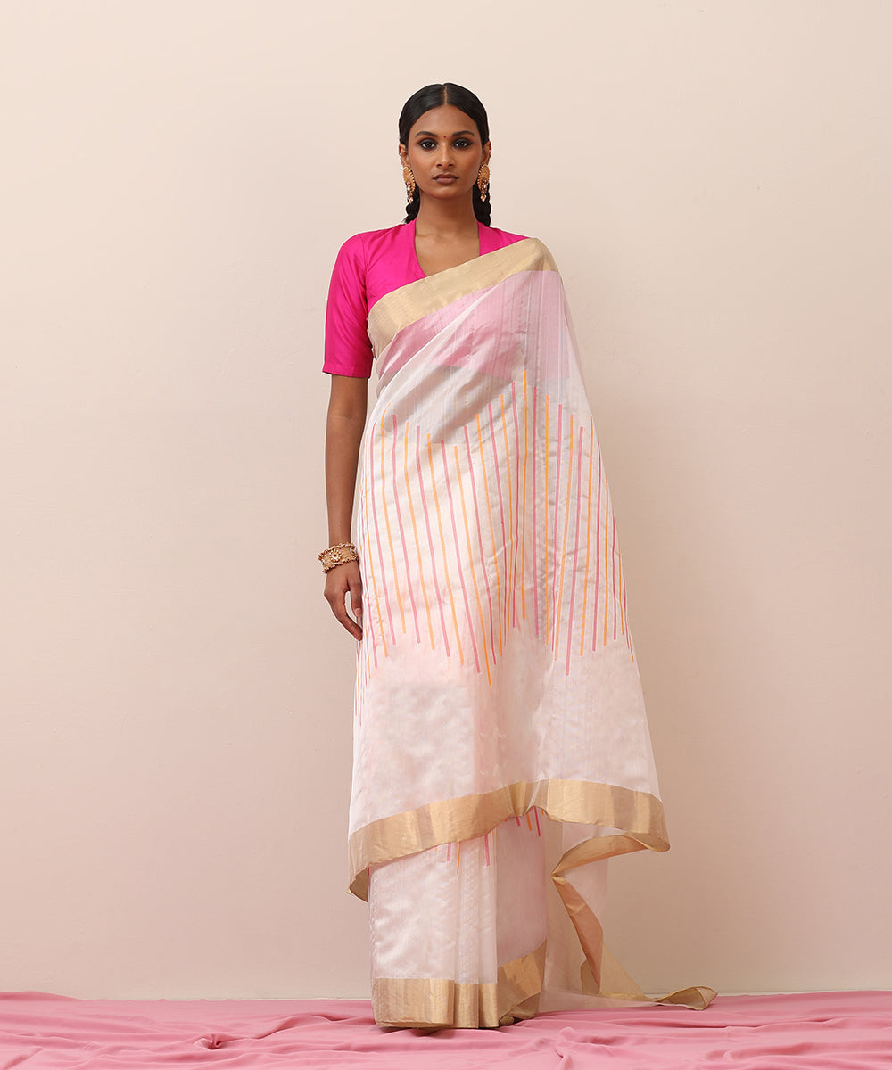 Handllom_White_Pure_Chanderi_Saree_With_Vertical_Meena_Pattern_And_Golden_Border_WeaverStory_02