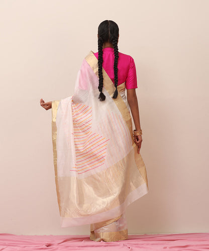 Handllom_White_Pure_Chanderi_Saree_With_Vertical_Meena_Pattern_And_Golden_Border_WeaverStory_03