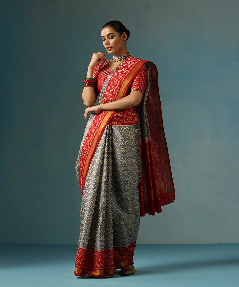 Handloom_Grey_Pure_Mulberry_Silk_Ikat_Patola_Saree_With_Red_Border_And_Palla_WeaverStory_02