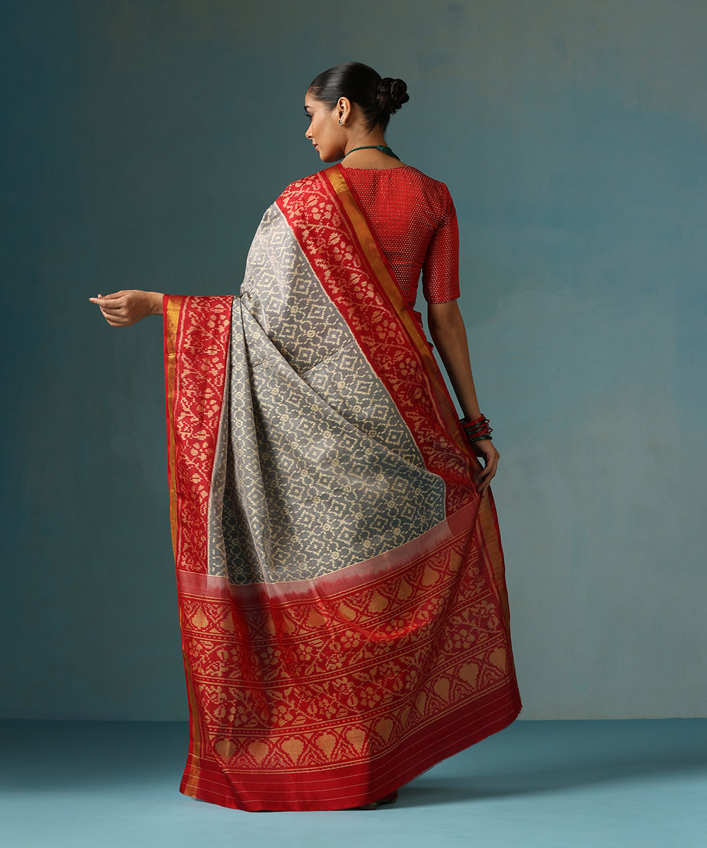 Handloom_Grey_Pure_Mulberry_Silk_Ikat_Patola_Saree_With_Red_Border_And_Palla_WeaverStory_03