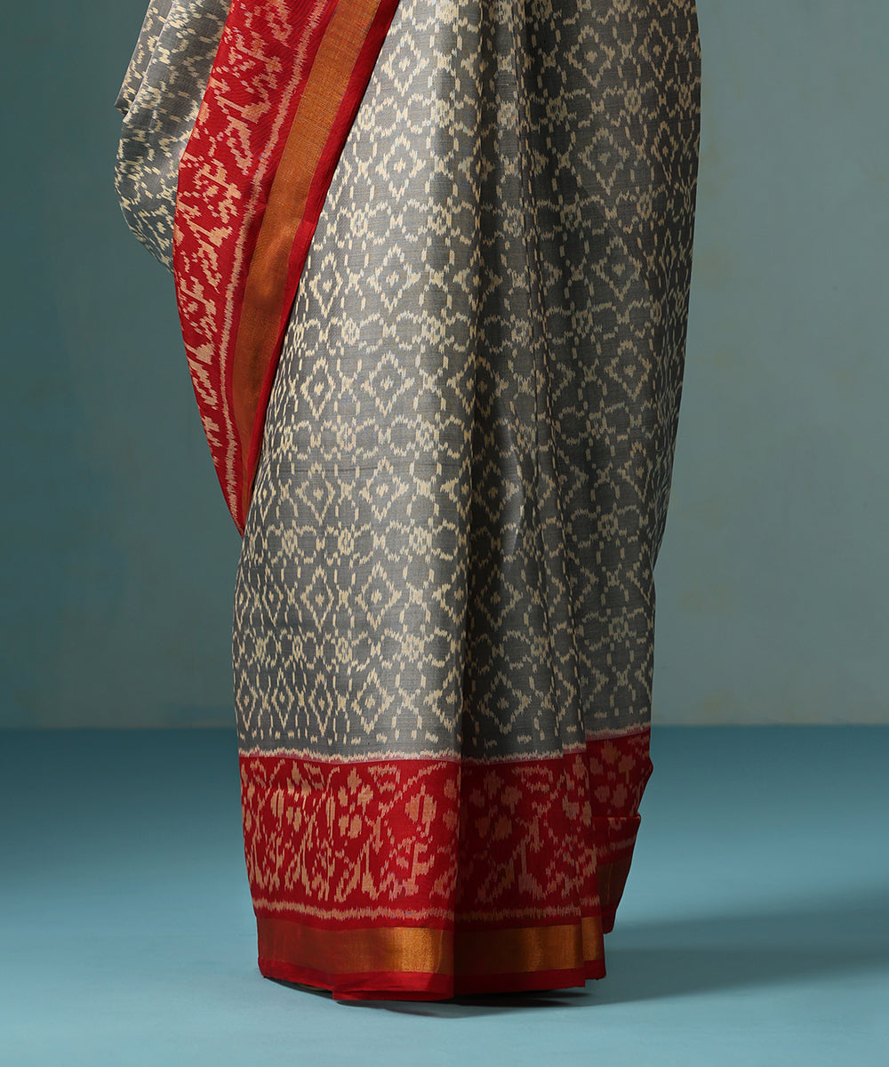 Handloom_Grey_Pure_Mulberry_Silk_Ikat_Patola_Saree_With_Red_Border_And_Palla_WeaverStory_04