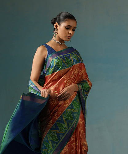 Brown_Handloom_Pure_Mulberry_Silk_Ikat_Patola_Saree_With_Green_And_Blue_Border_And_Palla_WeaverStory_01