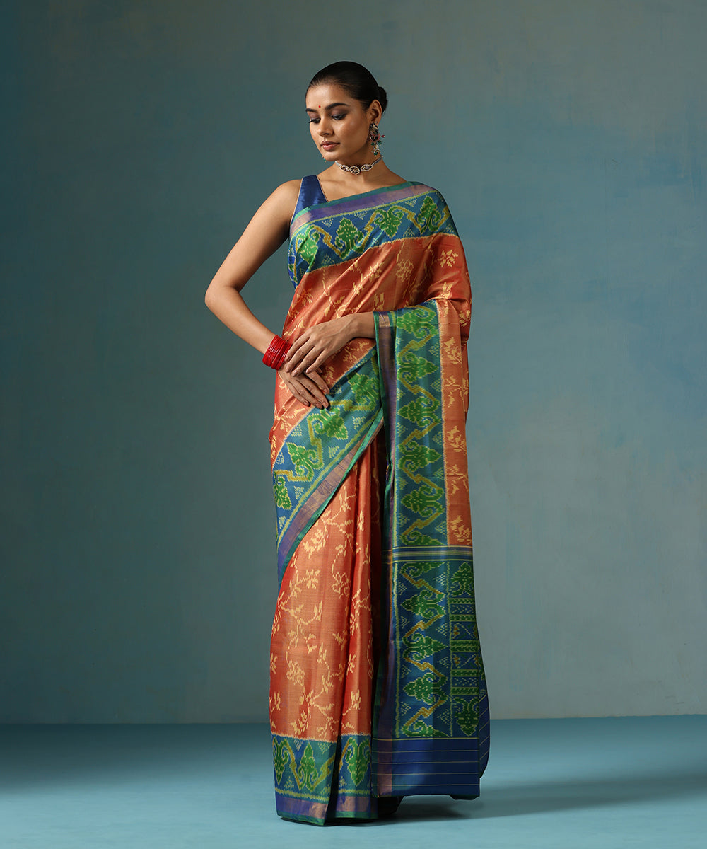 Brown_Handloom_Pure_Mulberry_Silk_Ikat_Patola_Saree_With_Green_And_Blue_Border_And_Palla_WeaverStory_02