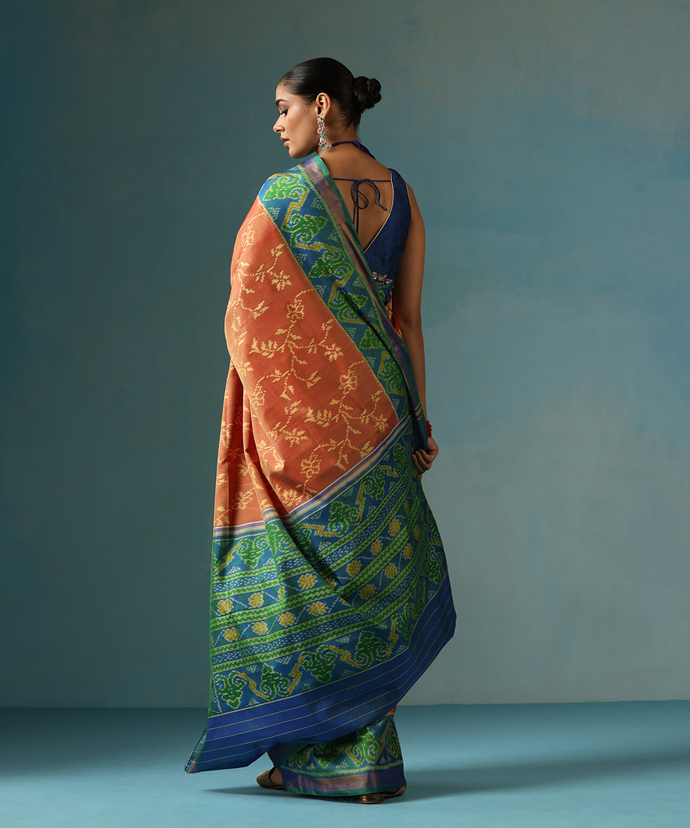 Brown_Handloom_Pure_Mulberry_Silk_Ikat_Patola_Saree_With_Green_And_Blue_Border_And_Palla_WeaverStory_03