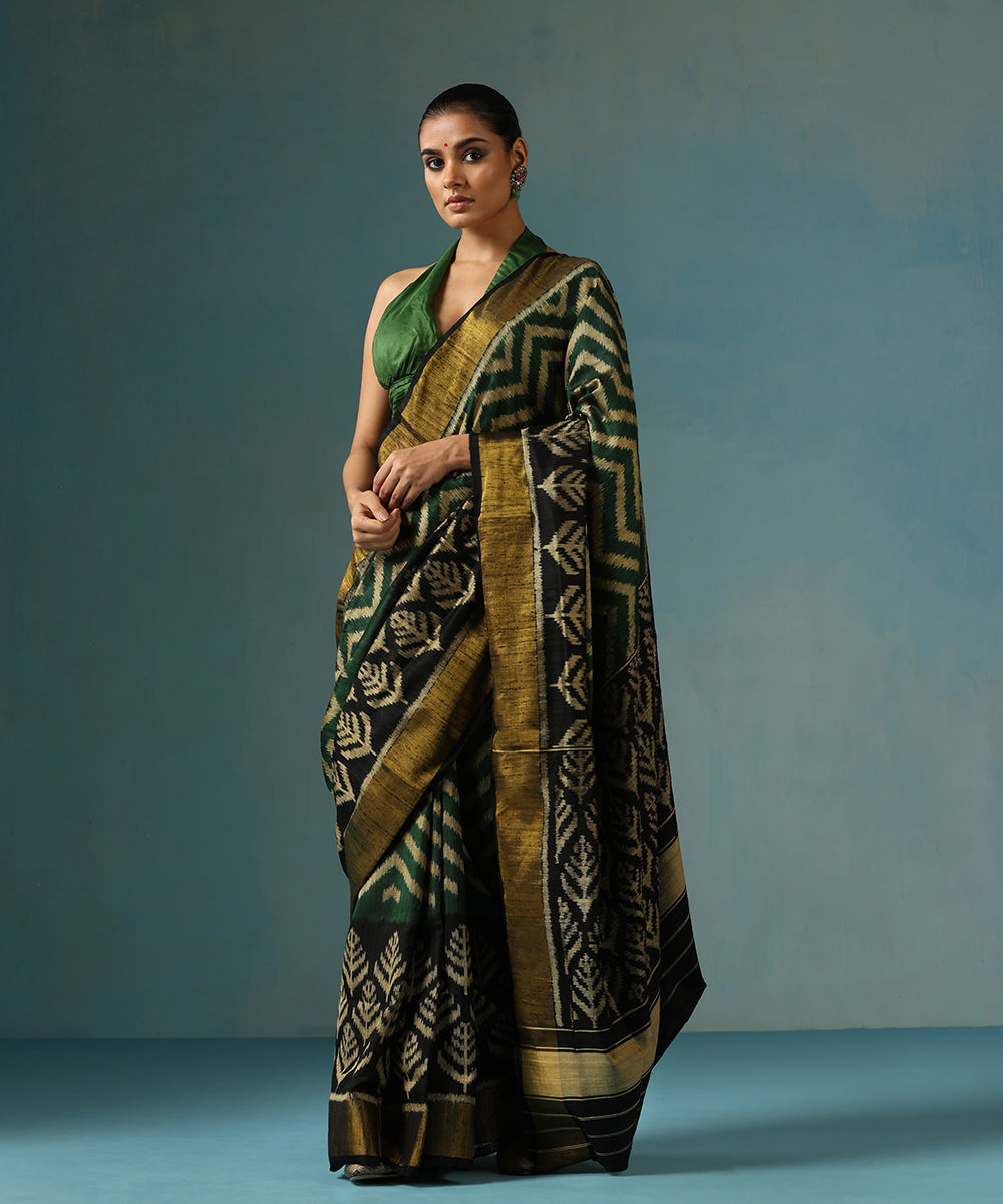 Handloom_Green_Pure_Raw_Silk_Ikat_Patola_Saree_With_black_Border_And_Palla_WeaverStory_02