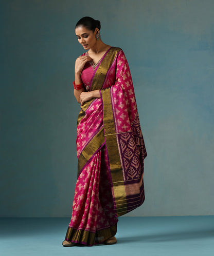 Handloom_Pink_Pure_Raw_Silk_Ikat_Patola_Saree_With_purple_Border_And_Palla_WeaverStory_02