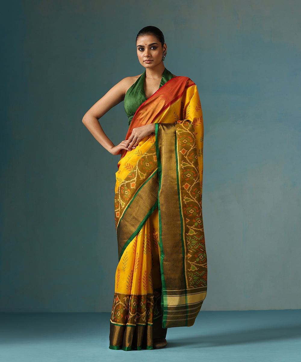 Handloom_Yellow_Pure_Mulberry_Silk_Ikat_Patola_Saree_With_Double_Border_WeaverStory_02