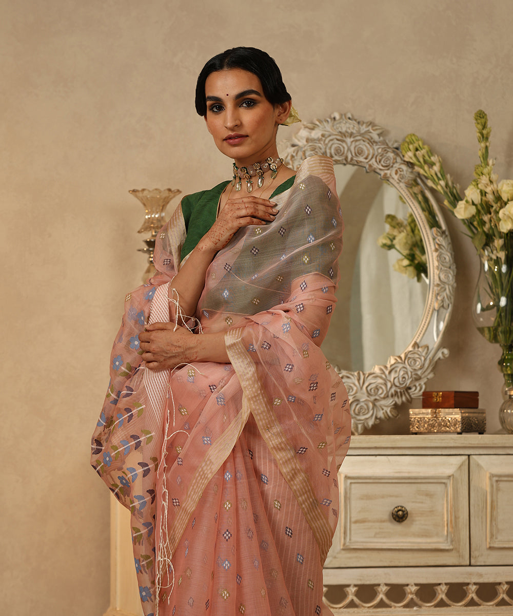 Peach_Handloom_Muslin_Dhakai_Jamdani_Saree_With_Multicolor_Diamond_Motifs_WeaverStory_01