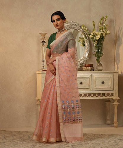 Peach_Handloom_Muslin_Dhakai_Jamdani_Saree_With_Multicolor_Diamond_Motifs_WeaverStory_02