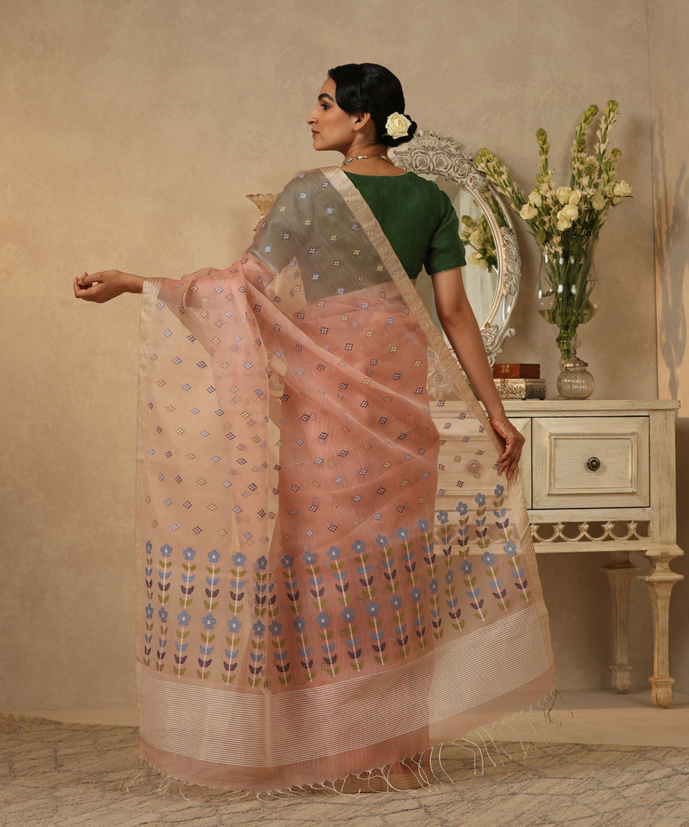 Peach_Handloom_Muslin_Dhakai_Jamdani_Saree_With_Multicolor_Diamond_Motifs_WeaverStory_03