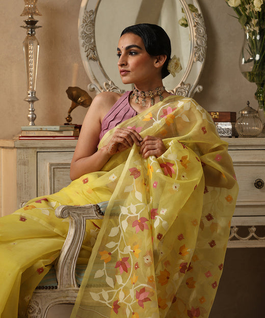 Madhuri Yellow Handloom Muslin Dhakai Jamdani Saree With Floral Jaal On Pallu
