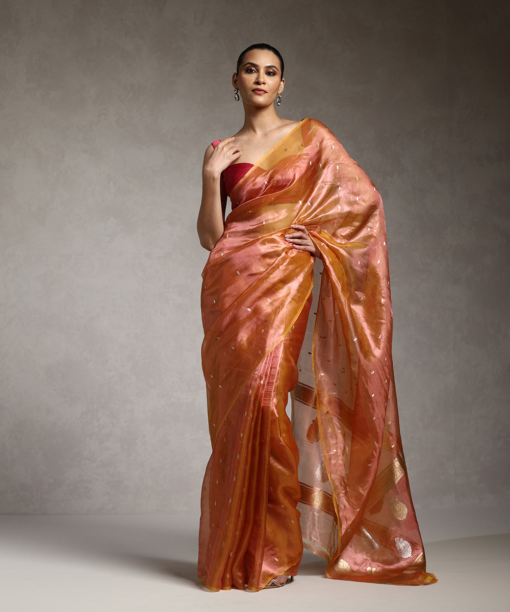 Handloom_Yellow_And_Orange_Pure_Tissue_Silk_Banarasi_Saree_With_Kadhwa_Booti_WeaverStory_01