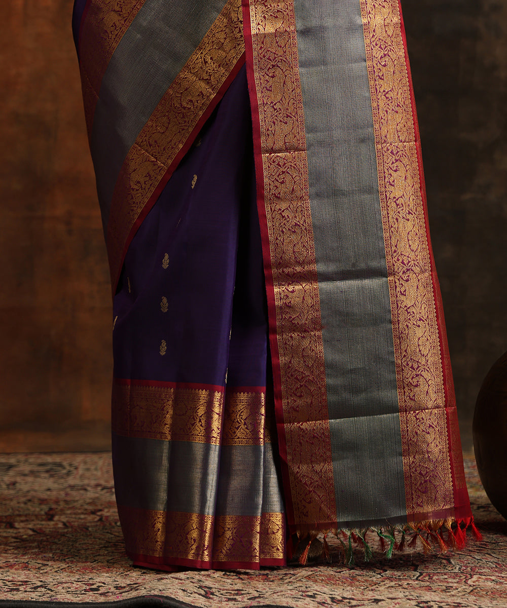 Handloom_Dark_Purple_Pure_Silk_Kanjivaram_Saree_With_Wine_Vanasingram_Border_And_Pure_Zari_WeaverStory_05