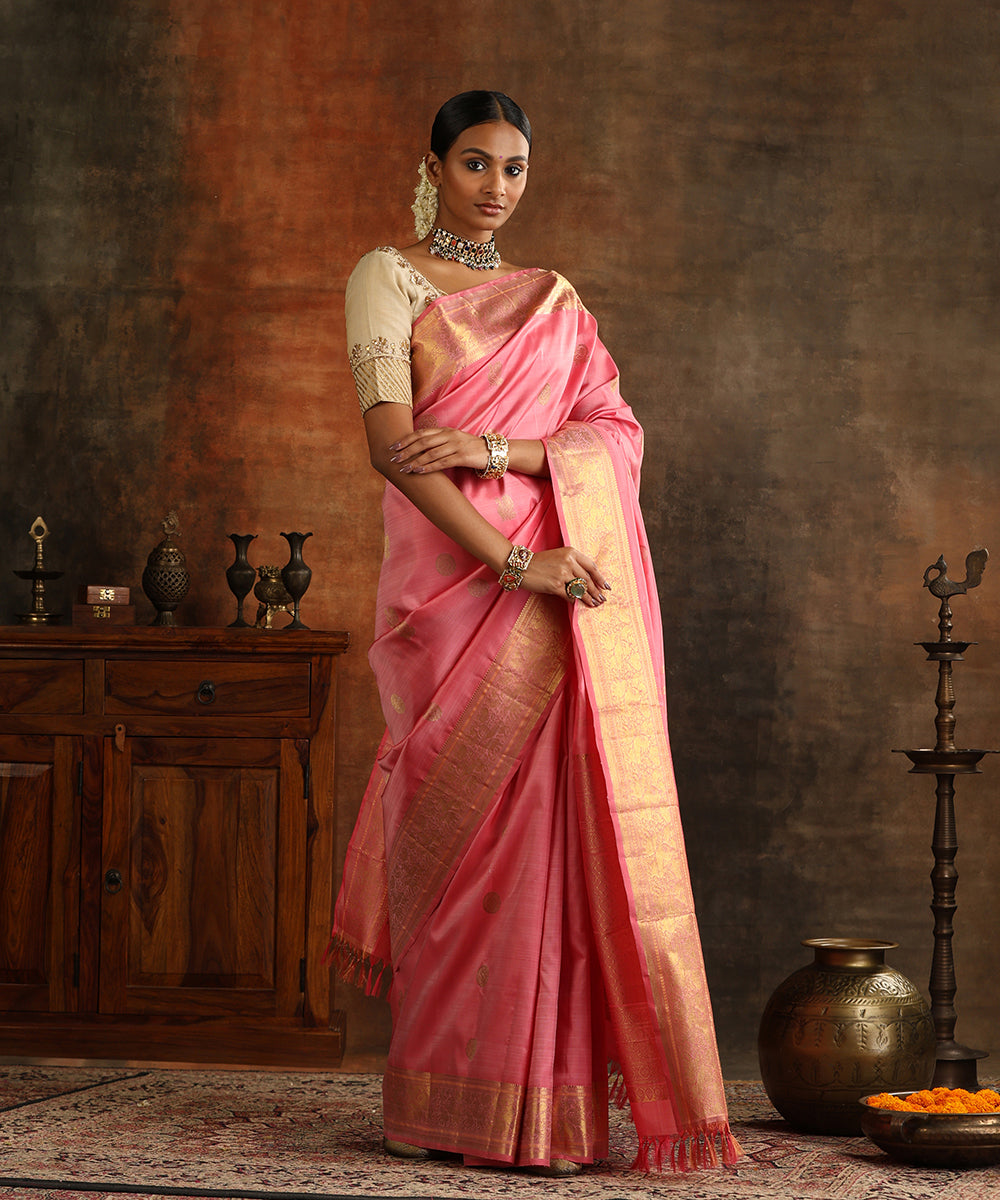 Handloom_Pink_Pure_Silk_Kanjivaram_Saree_With_Chakram_Motifs_And_Vanasingram_Border_And_Pure_Zari_WeaverStory_02