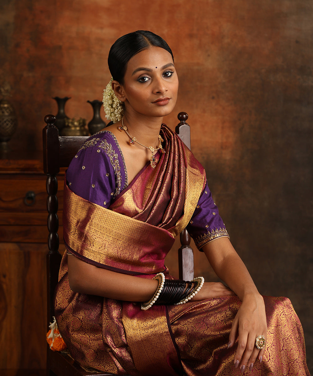 Wine_Handloom_Pure_Silk_Brocade_Kanjivaram_Saree_With_Zari_WeaverStory_01