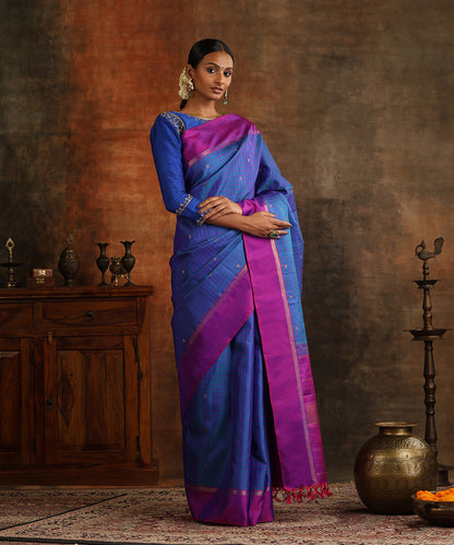 Copper_Sulphate_Blue_Handloom_Pure_Silk_Kanjivaram_Saree_With_Purple_Checks_And_Purple_Border_WeaverStory_02